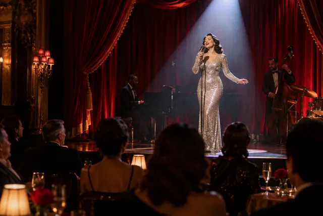 Conceptual cabaret singer in a sequin gown on a theater stage