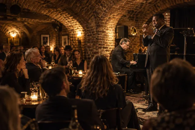 Conceptual intimate jazz cellar with adult musicians and audience